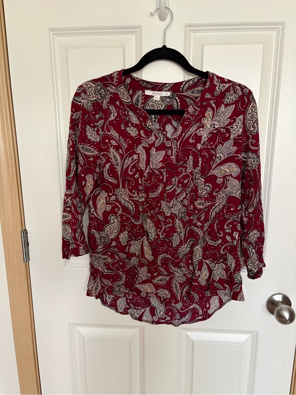 fun 2 fun Burgundy Paisley Split-Neck Blouse